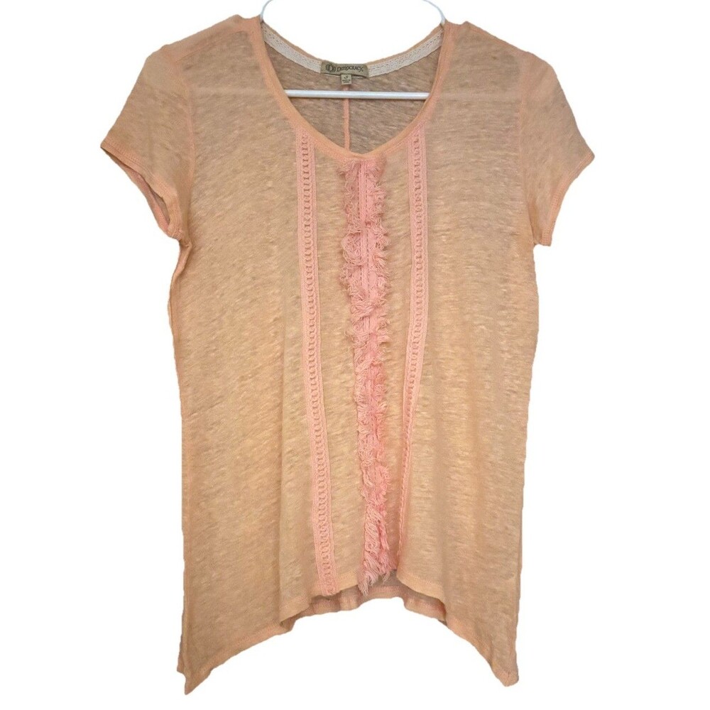 Democracy Women's Pink Knit Scoop Neck Cap Sleeve Ruffle Lace T-Shirt S